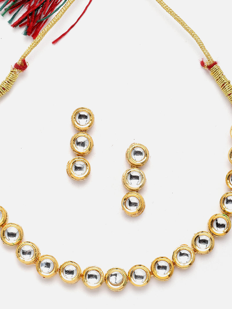 Gold-Plated White Kundan Studded Necklace with Earrings Jewellery Set