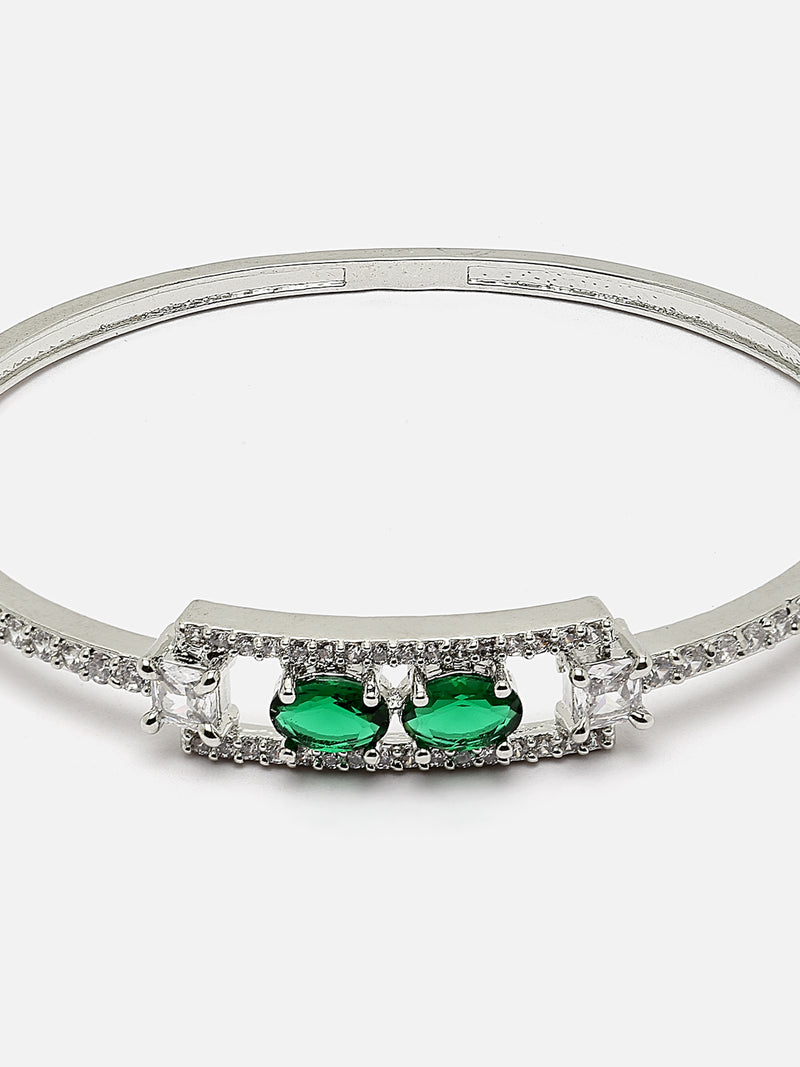 Rhodium-Plated Silver Toned Green American Diamond Studded Kada Bracelet