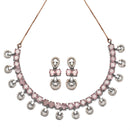 Rose Gold-Plated Gunmetal Toned Pink American Diamonds Studded Contemporary Necklace & Earrings Jewellery Set