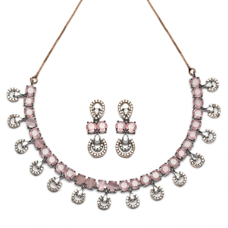 Rose Gold-Plated Gunmetal Toned Pink American Diamonds Studded Contemporary Necklace & Earrings Jewellery Set