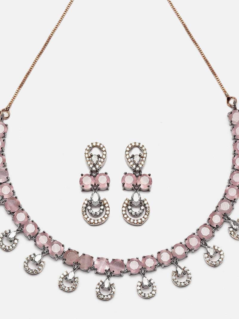 Rose Gold-Plated Gunmetal Toned Pink American Diamonds Studded Contemporary Necklace & Earrings Jewellery Set