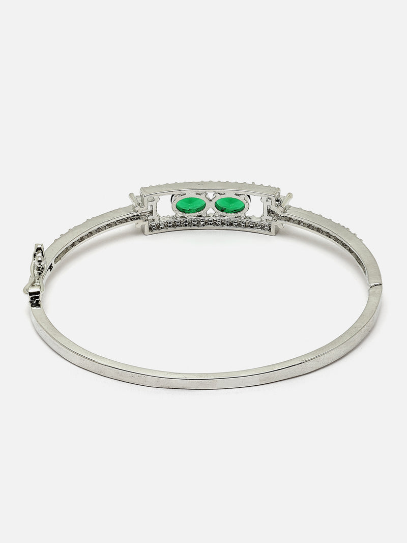 Rhodium-Plated Silver Toned Green American Diamond Studded Kada Bracelet