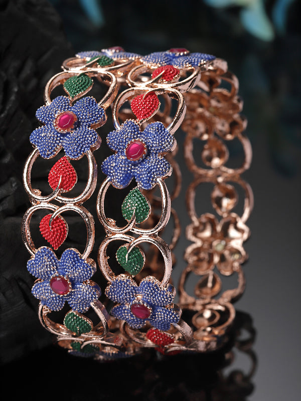 Set Of 2 Rose Gold-Plated American Diamond studded Multi-Colour Floral & Leaf Shaped Handcrafted Bangles