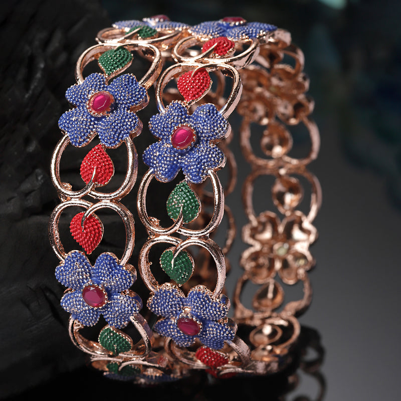 Set Of 2 Rose Gold-Plated American Diamond studded Multi-Colour Floral & Leaf Shaped Handcrafted Bangles