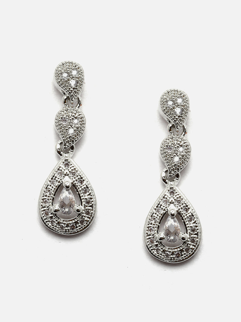 Rhodium-Plated Silver Toned Drop White American Diamond Studded Necklace with Earrings Jewellery Set