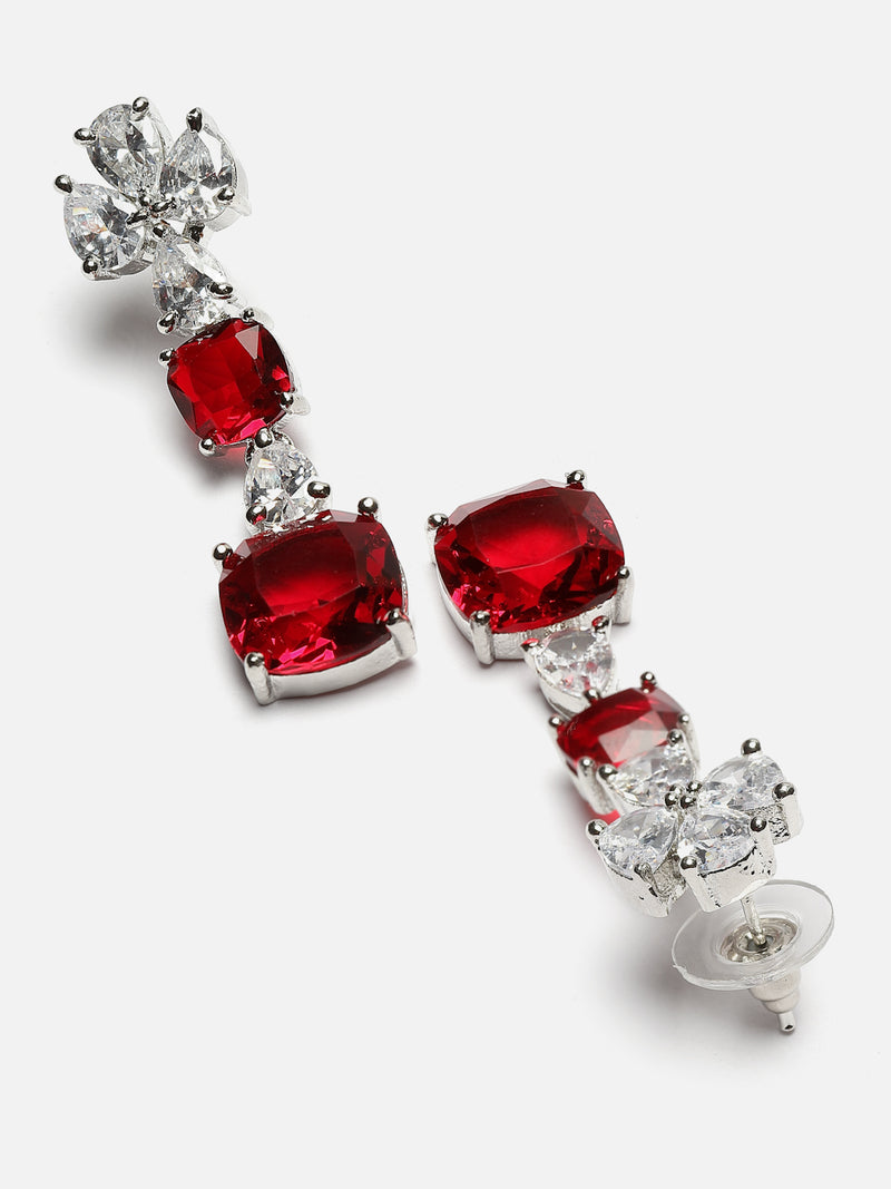 Rhodium-Plated Red Square American Diamonds Studded Pendulous Necklace & Earrings Jewellery Set