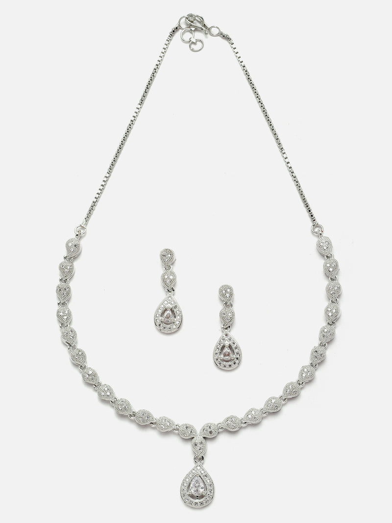 Rhodium-Plated Silver Toned Drop White American Diamond Studded Necklace with Earrings Jewellery Set