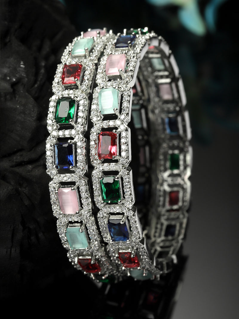 Set Of 2 Rhodium-Plated Silver Toned Multi-Colour Square American Diamond studded Jadau Bangles