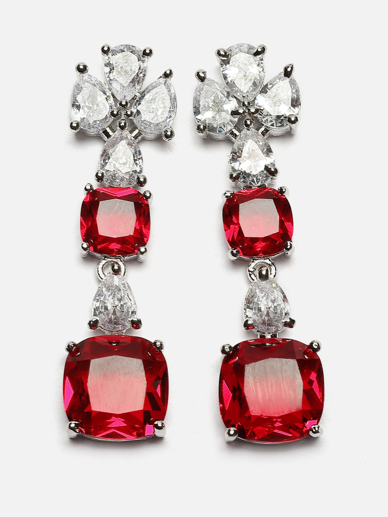 Rhodium-Plated Red Square American Diamonds Studded Pendulous Necklace & Earrings Jewellery Set