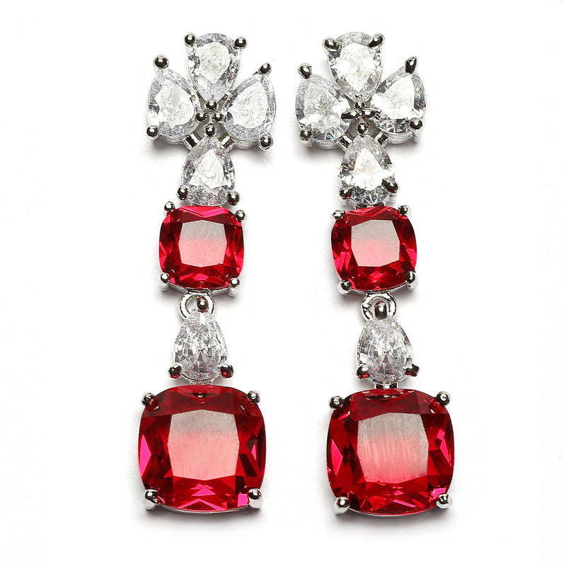 Rhodium-Plated Red Square American Diamonds Studded Pendulous Necklace & Earrings Jewellery Set