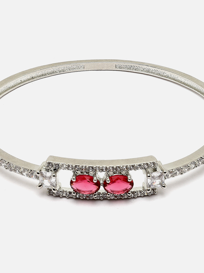 Rhodium-Plated Silver Toned Red American Diamond Studded Kada Bracelet