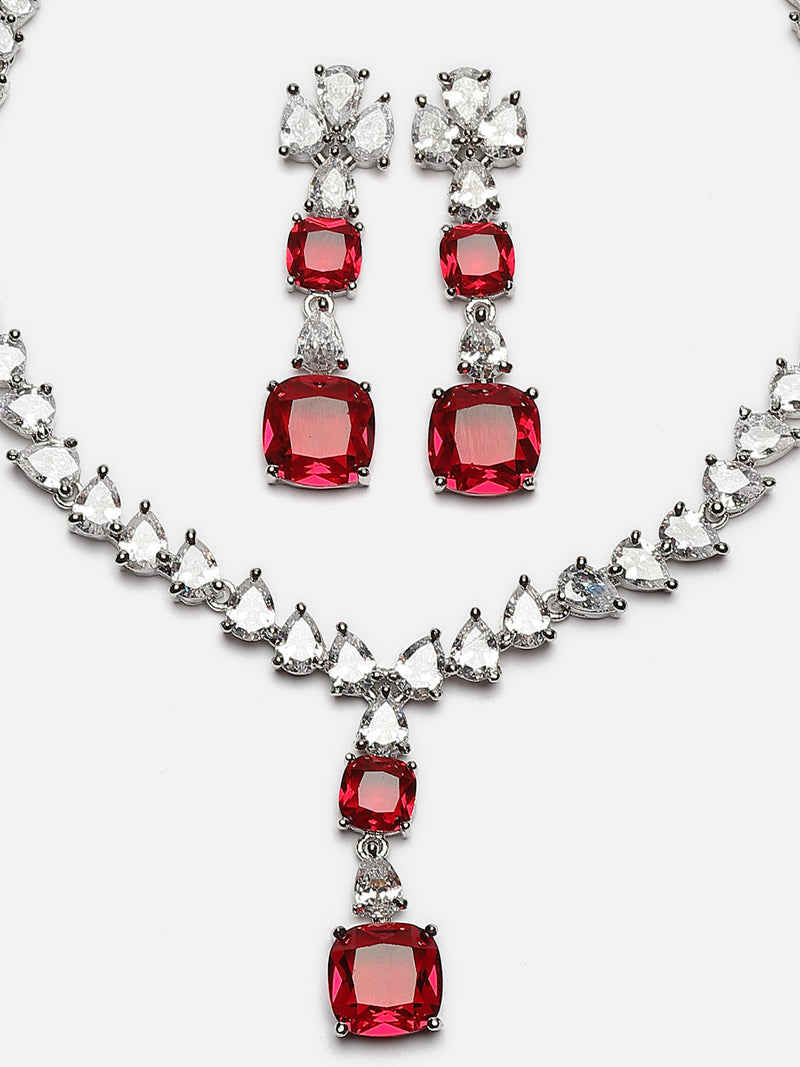 Rhodium-Plated Red Square American Diamonds Studded Pendulous Necklace & Earrings Jewellery Set