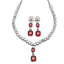 Rhodium-Plated Red Square American Diamonds Studded Pendulous Necklace & Earrings Jewellery Set