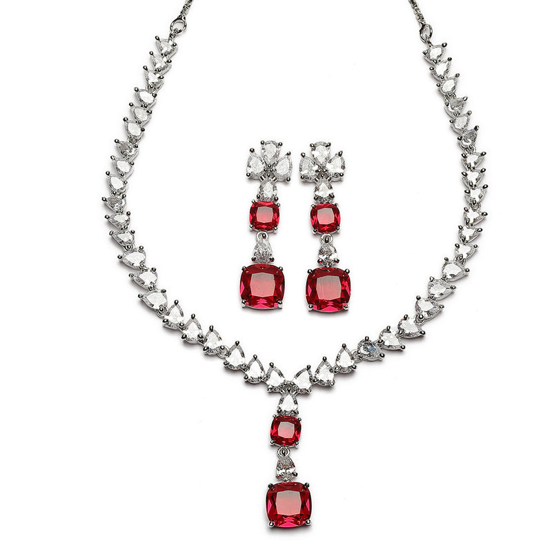 Rhodium-Plated Red Square American Diamonds Studded Pendulous Necklace & Earrings Jewellery Set