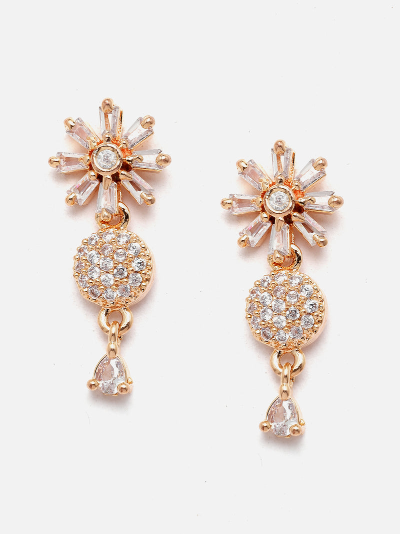 Rose Gold-Plated White American Diamond Studded Flower-Round Necklace with Earrings Jewellery Set