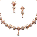 Rose Gold-Plated White American Diamond Studded Flower-Round Necklace with Earrings Jewellery Set