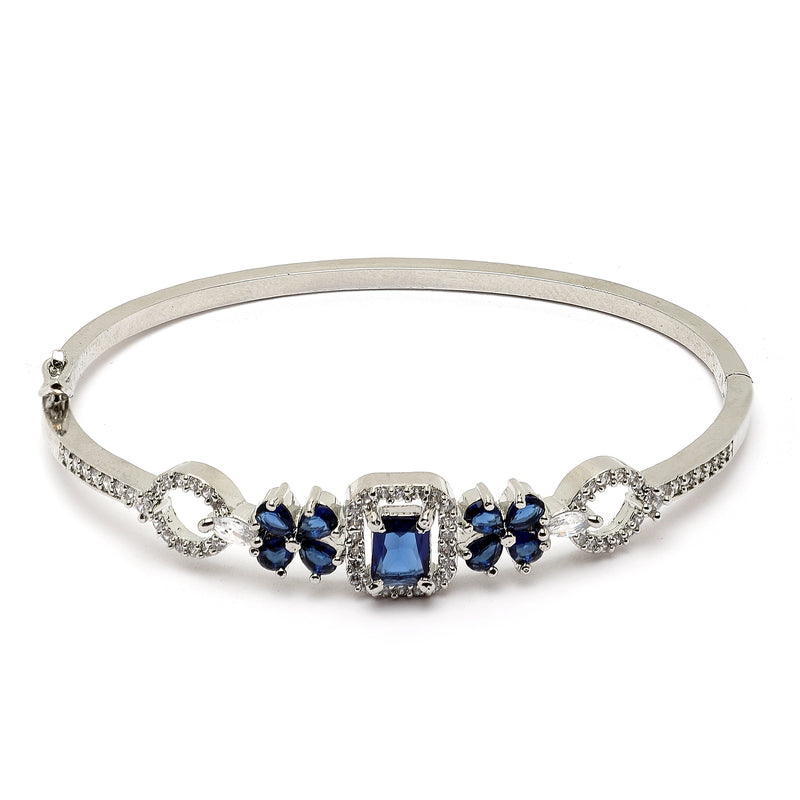 Rhodium-Plated Silver Toned Square Shaped Royal Blue American Diamond Studded Bracelet