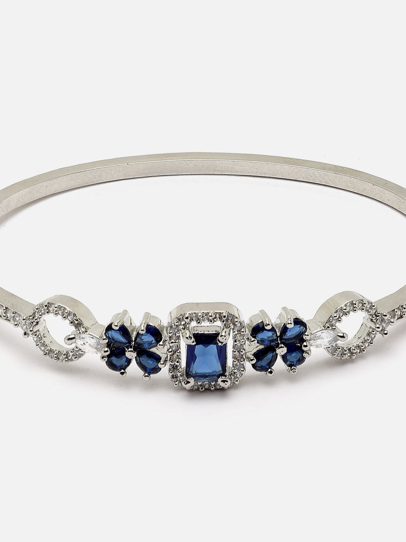 Rhodium-Plated Silver Toned Navy Blue American Diamond Studded Kada Bracelet