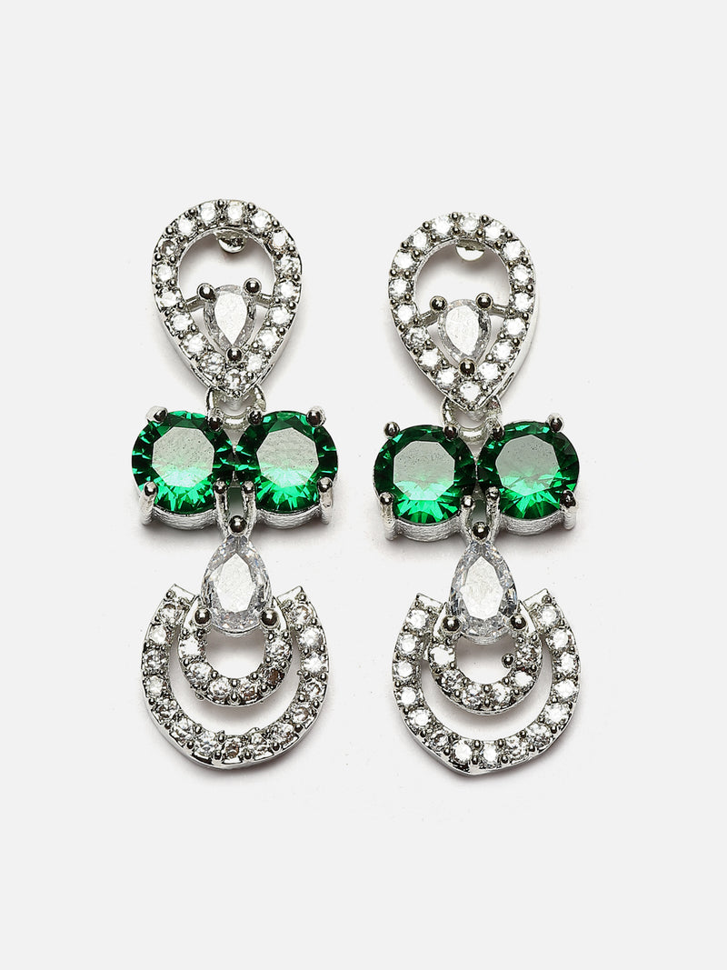 Rhodium-Plated Green American Diamonds Studded Contemporary Necklace & Earrings Jewellery Set