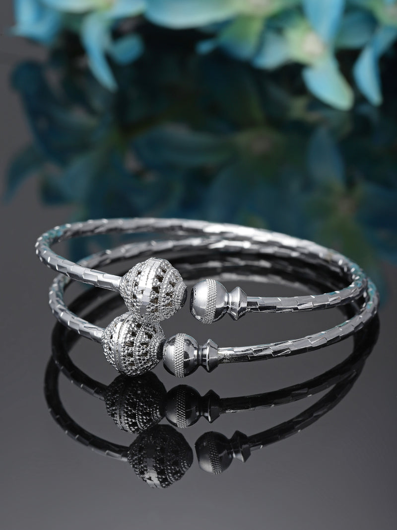 Rhodium Plated Silver Toned Textured Bead Bangle Bracelets (Set Of 2)