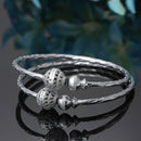 Rhodium Plated Silver Toned Textured Bead Bangle Bracelets (Set Of 2)
