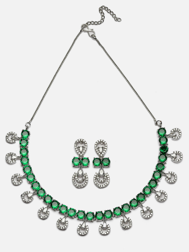 Rhodium-Plated Green American Diamonds Studded Contemporary Necklace & Earrings Jewellery Set