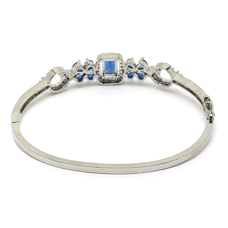 Rhodium-Plated Silver Toned Square Shaped Royal Blue American Diamond Studded Bracelet
