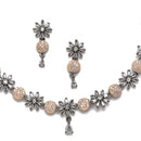 Rose Gold-Plated Gunmetal Toned White American Diamond Studded Flower-Round Necklace with Earring Jewellery Set