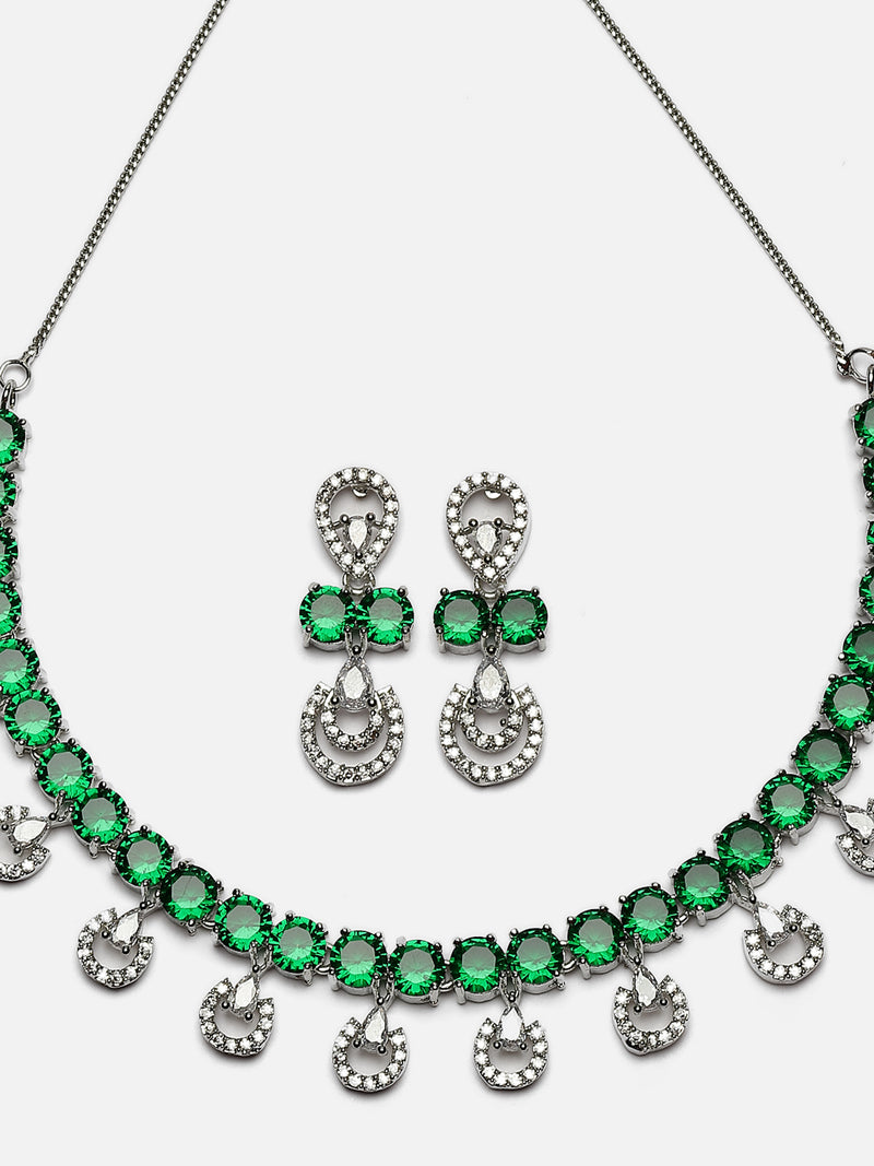 Rhodium-Plated Green American Diamonds Studded Contemporary Necklace & Earrings Jewellery Set