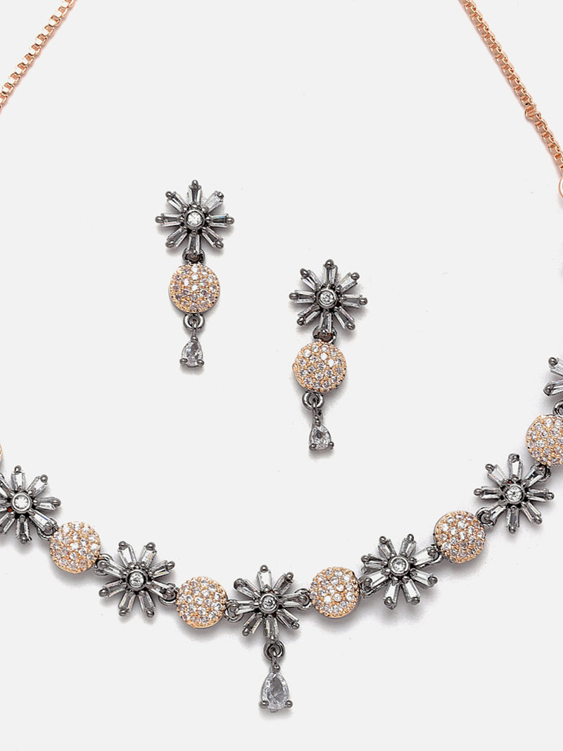 Rose Gold-Plated Gunmetal Toned White American Diamond Studded Flower-Round Necklace with Earring Jewellery Set