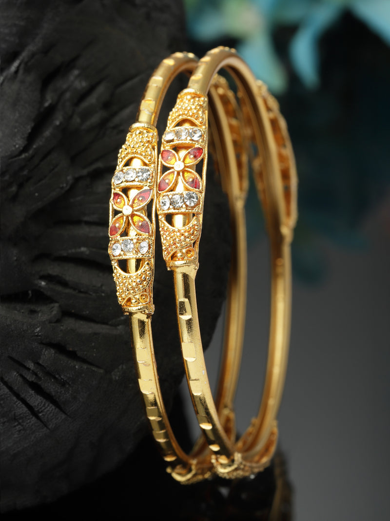 Set Of 2 Gold-Plated Red American Diamond studded Flower Shaped Bangles