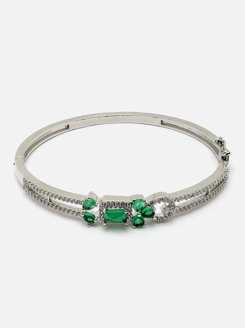 Rhodium-Plated Silver Toned Green American Diamond Studded Kada Bracelet