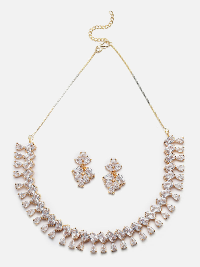Gold-Plated Pear White American Diamond Studded Necklace with Earrings Jewellery Set