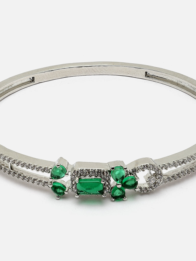 Rhodium-Plated Silver Toned Green American Diamond Studded Kada Bracelet