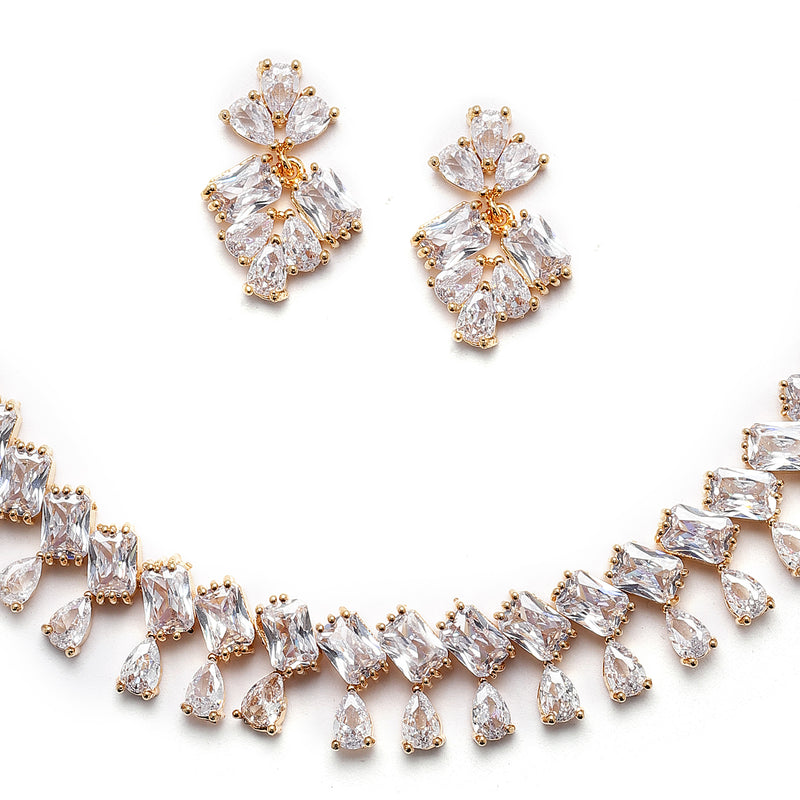Gold-Plated Pear White American Diamond Studded Necklace with Earrings Jewellery Set