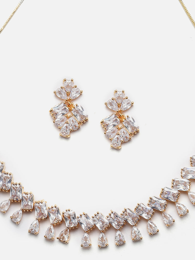 Gold-Plated Pear White American Diamond Studded Necklace with Earrings Jewellery Set