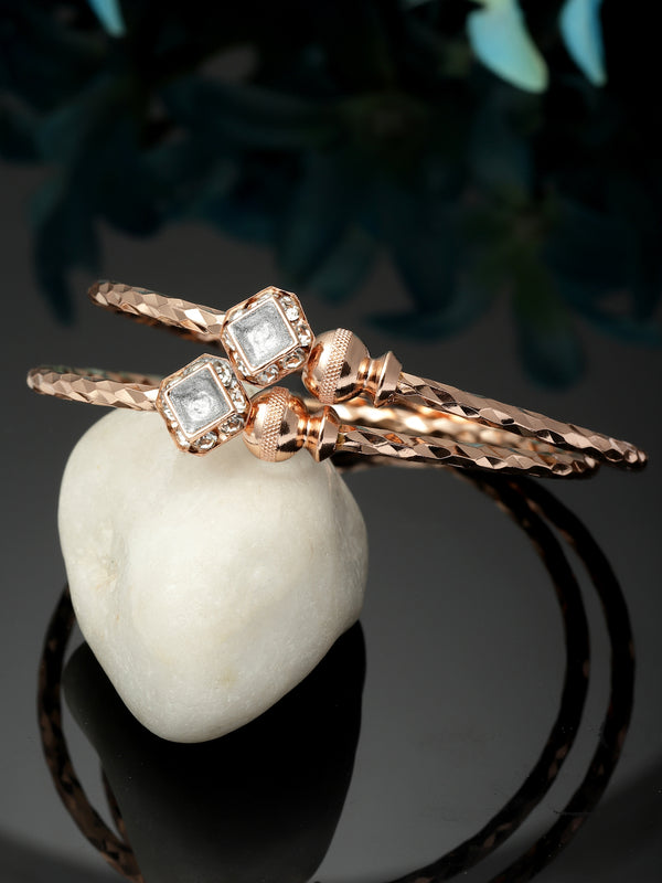 Rose Gold-Plated White Square Shaped American Diamond studded Handcrafted Kada Bracelets (Set Of 2)
