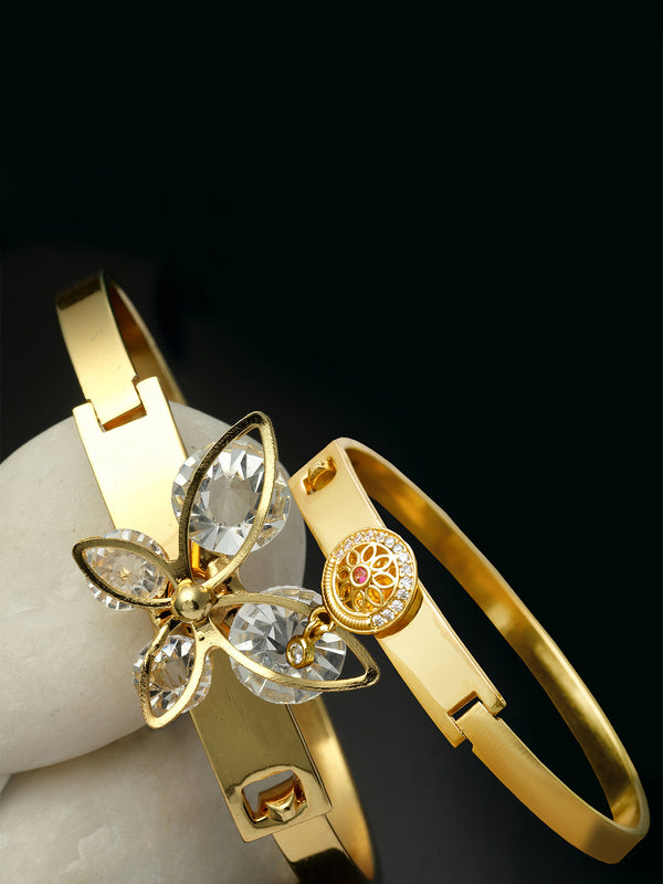 Gold Plated Minimal Design Butterfly & Drop CZ Studded Cuff Bracelet Set of 2