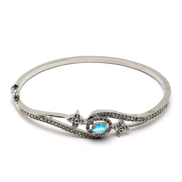 Rhodium-Plated Silver Toned Sea Blue American Diamond Studded Bracelet