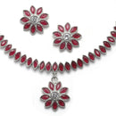 Oxidised Silver-Plated Flower & Leaf Red American Diamond Studded Necklace Earrings Jewellery Set