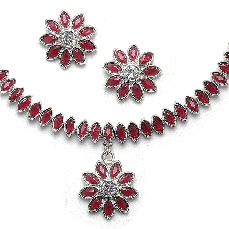 Oxidised Silver-Plated Flower & Leaf Red American Diamond Studded Necklace Earrings Jewellery Set