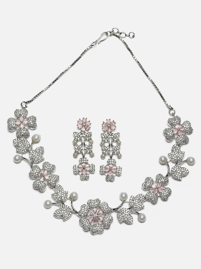 Rhodium-Plated Pink Cubic Zirconia Studded Floral Theme Necklace & Earrings Jewellery Set