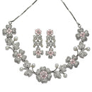 Rhodium-Plated Pink Cubic Zirconia Studded Floral Theme Necklace & Earrings Jewellery Set