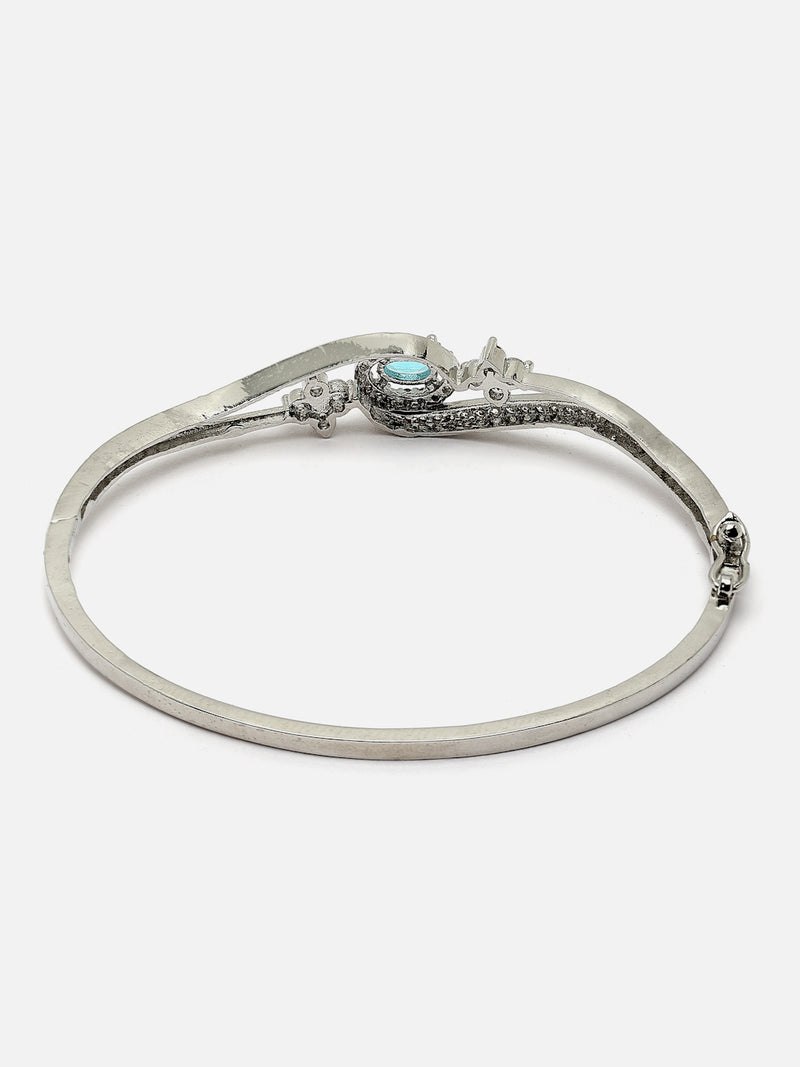 Rhodium-Plated Silver Toned Sky Blue American Diamond Studded Kada Bracelet