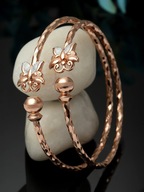 Rose Gold-Plated White American Diamond studded Flower Handcrafted Kada Bracelets (Set Of 2)