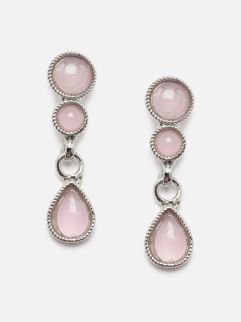 Oxidised Silver-Plated Pink Round American Diamond Studded Necklace with Earrings Jewellery Set