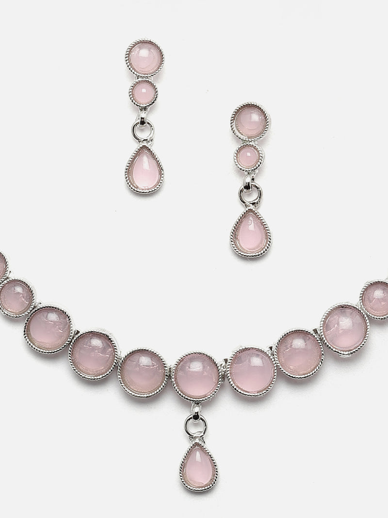 Oxidised Silver-Plated Pink Round American Diamond Studded Necklace with Earrings Jewellery Set