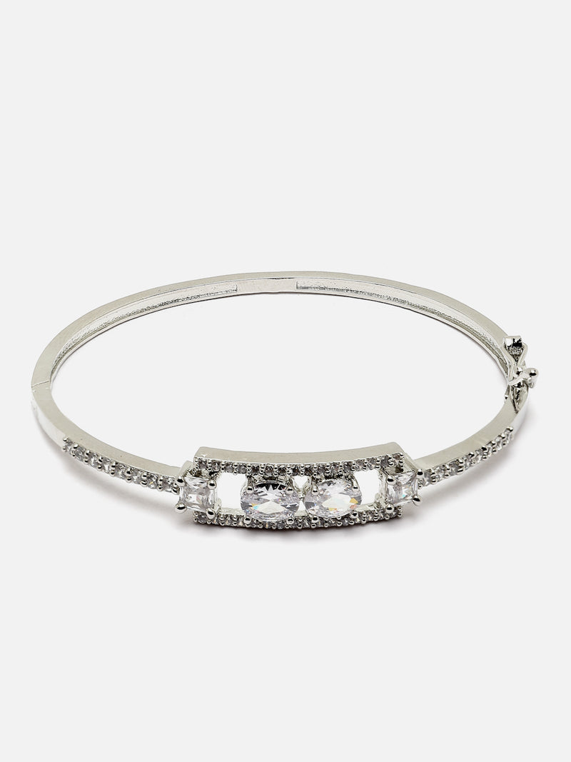 Rhodium-Plated Silver Toned White American Diamond Studded Kada Bracelet