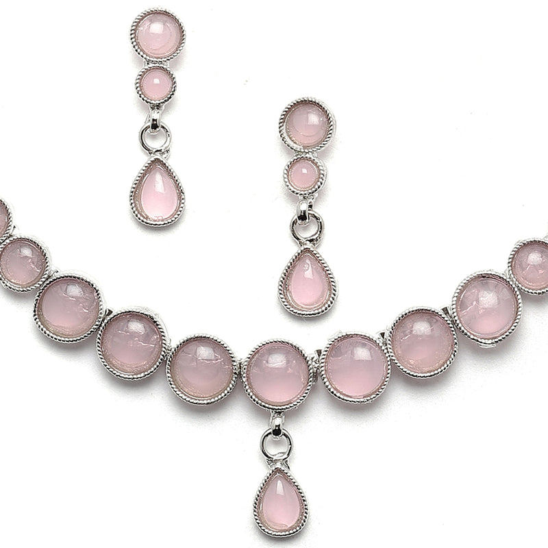 Oxidised Silver-Plated Pink Round American Diamond Studded Necklace with Earrings Jewellery Set