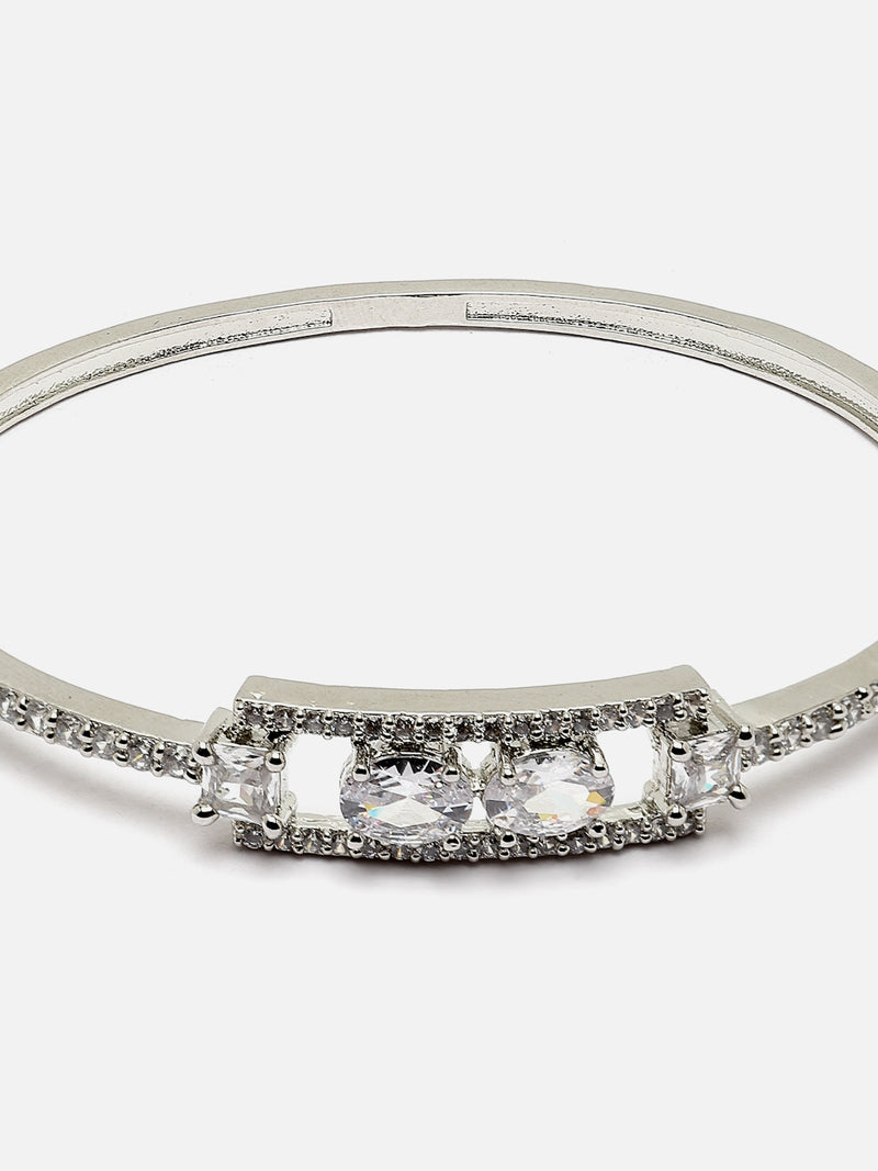 Rhodium-Plated Silver Toned White American Diamond Studded Kada Bracelet